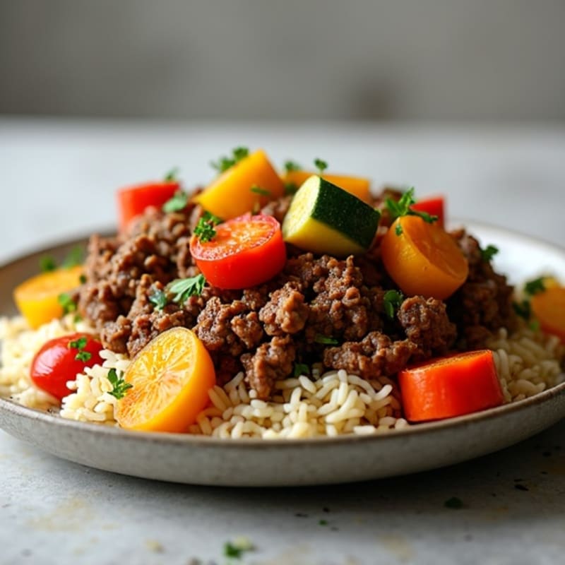 Seared Ground Beef and Rice Skillet with Roasted Vegetables