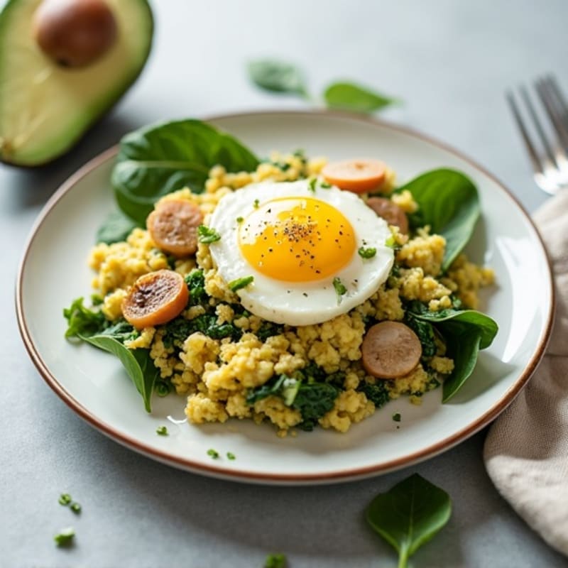 Egg White Spinach Scramble with Cottage Cheese and Sliced Turkey