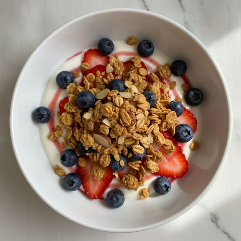 Greek Yogurt with Crunchy Almond Granola and Fresh Berries