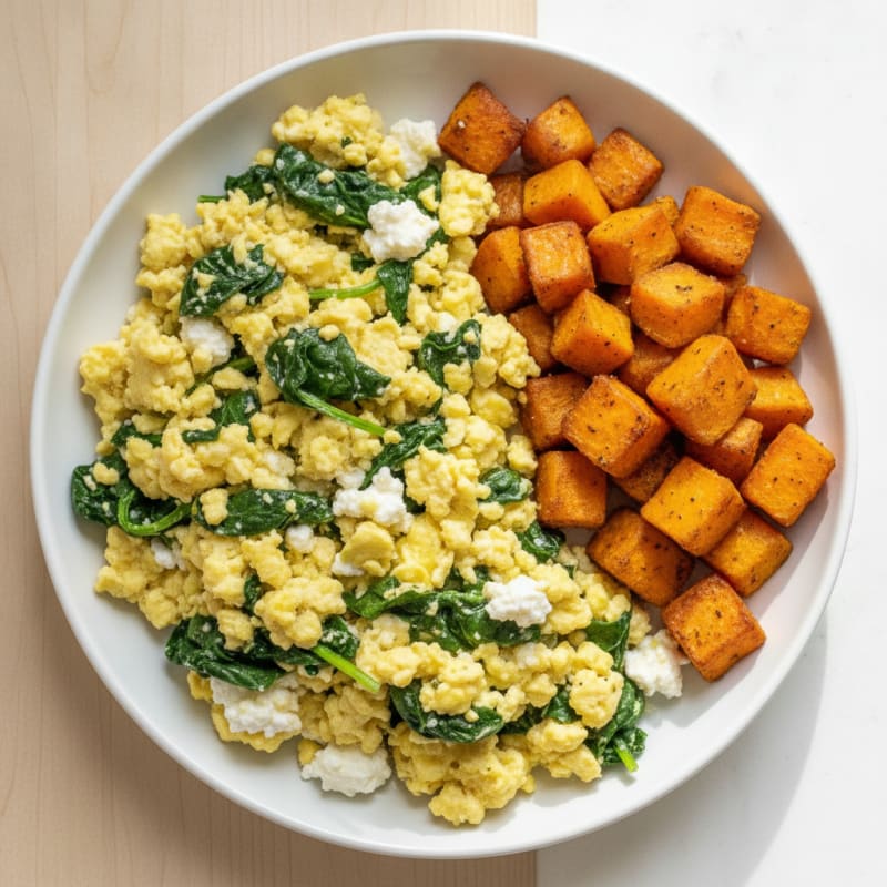 Cottage Cheese Scramble with Spinach and Roasted Sweet Potato