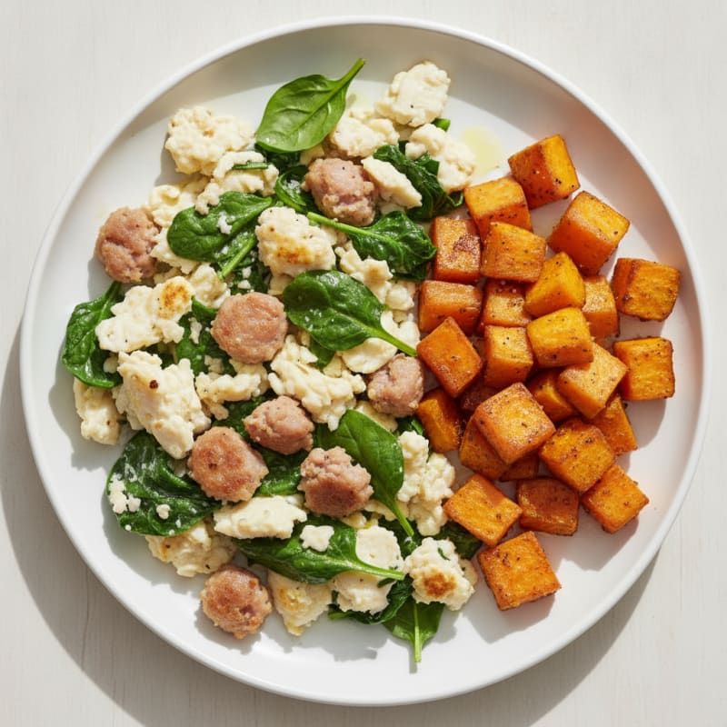 Egg White and Turkey Sausage Scramble with Spinach and Roasted Sweet Potato