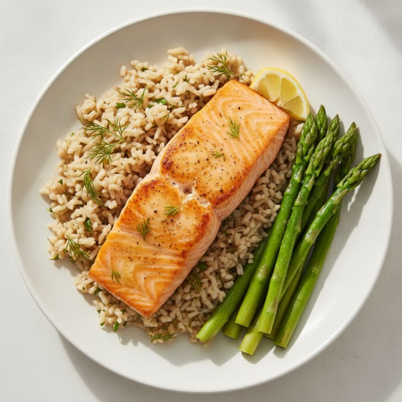 Seared Salmon Fillet with Steamed Asparagus and Herbed Brown Rice
