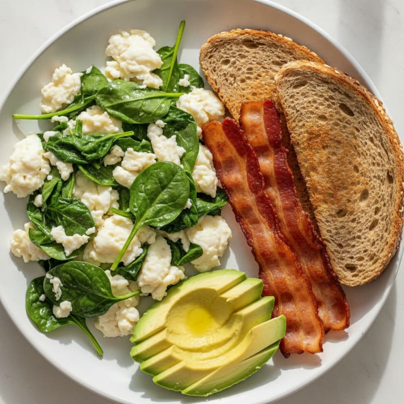 Crispy Turkey Bacon and Egg White Scramble with Sautéed Spinach