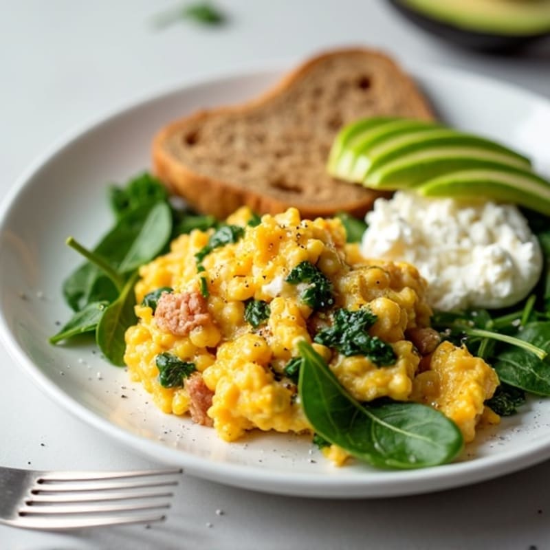 Egg White and Turkey Spinach Scramble with Cottage Cheese