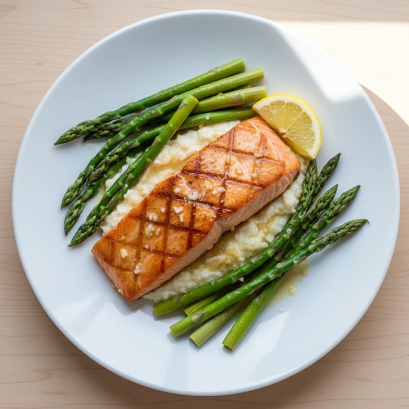 Seared Salmon with Steamed Asparagus and Cauliflower Mash