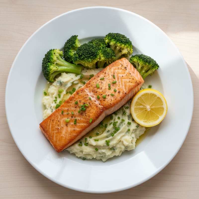 Pan-Seared Salmon with Herb Potato Mash and Steamed Broccoli
