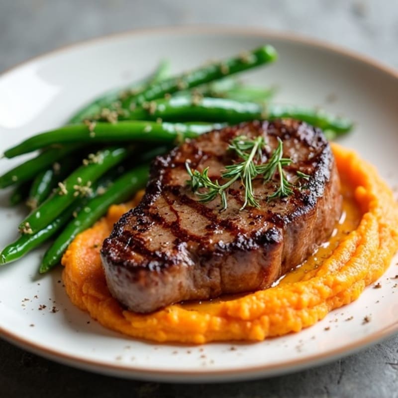 Seared Sirloin Steak with Herbed Sweet Potato Mash and Steamed Green Beans