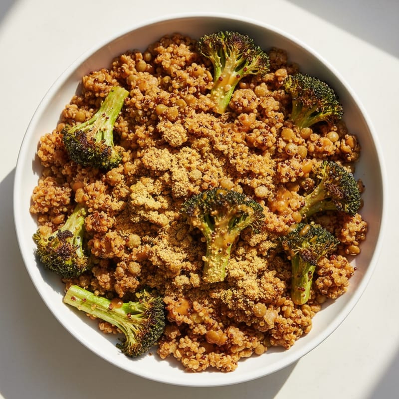 Crispy Lentil and Quinoa Power Bowl with Roasted Broccoli