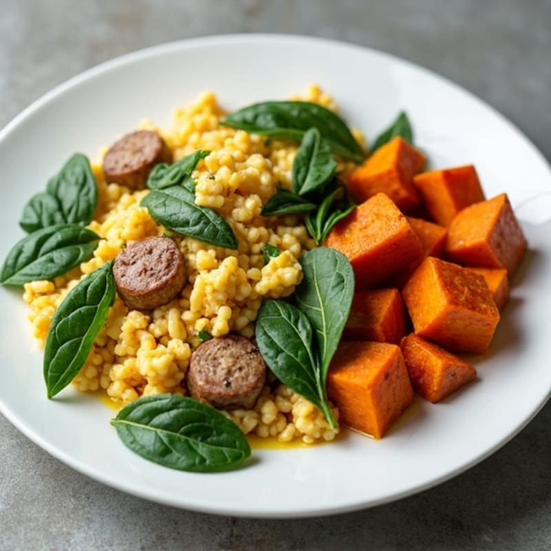 Egg White and Turkey Sausage Scramble with Spinach and Roasted Sweet Potato