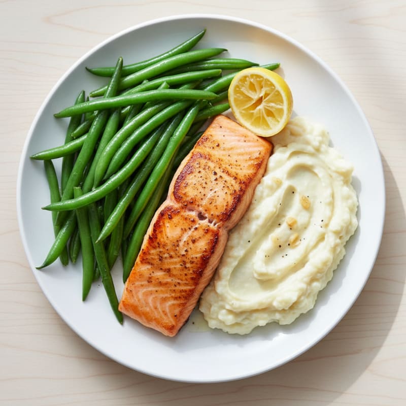 Seared Salmon with Steamed Green Beans and Garlic Mashed Cauliflower