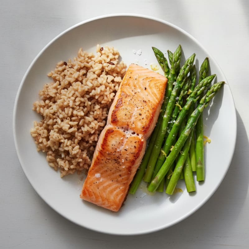 Seared Salmon with Lemon Asparagus and Brown Rice