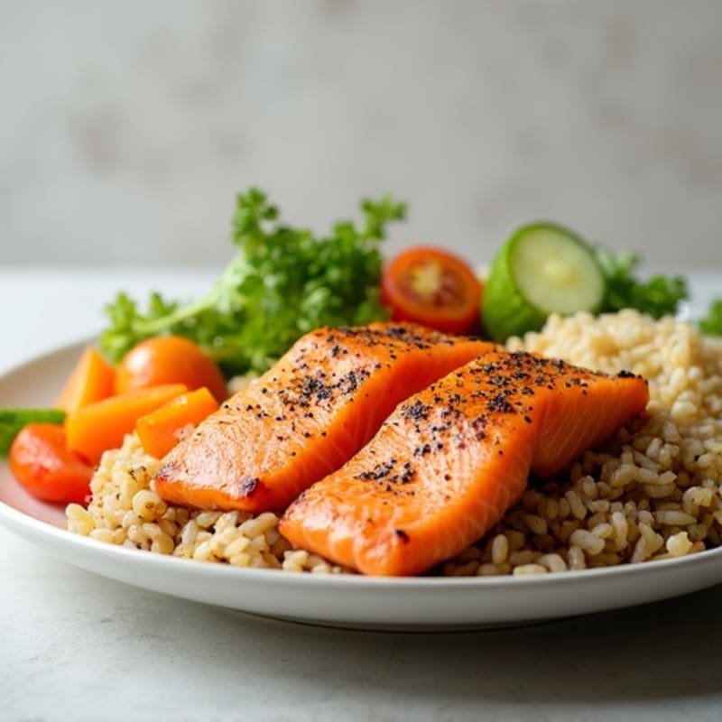 Smoked Salmon with Brown Rice, Fresh Vegetables, and Sesame-Ginger Dressing