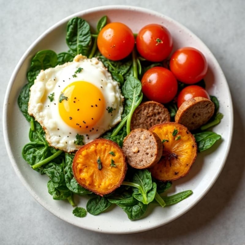 Egg White and Turkey Sausage Scramble with Spinach and Roasted Sweet Potato