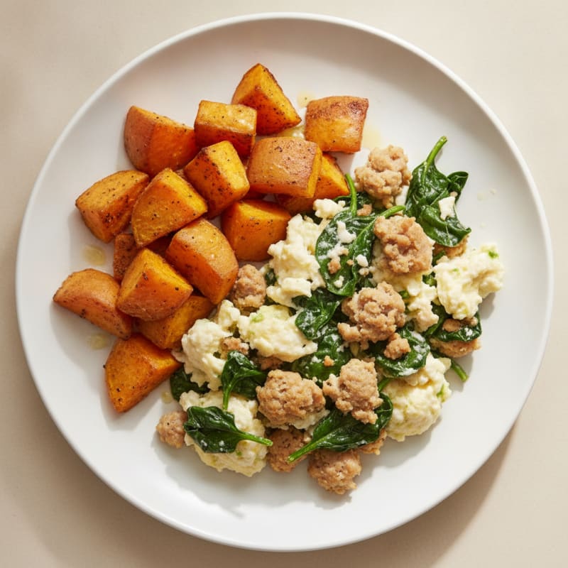 Egg White and Turkey Sausage Scramble with Spinach and Roasted Sweet Potatoes