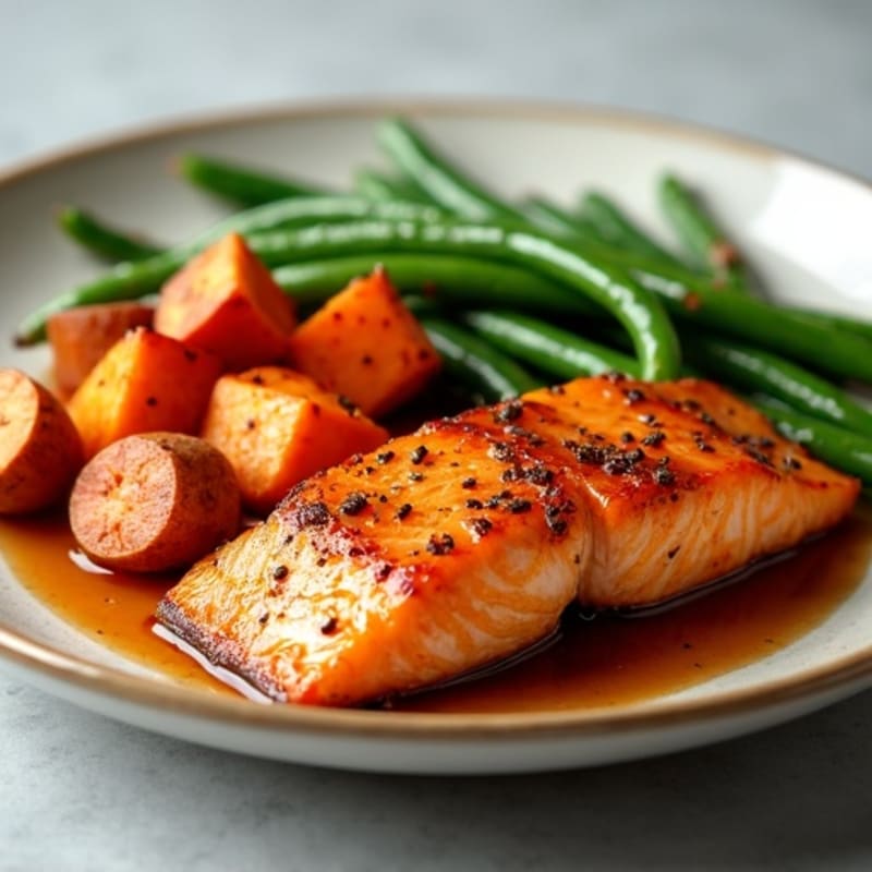 Sticky Maple-Glazed Salmon with Roasted Sweet Potatoes and Crispy Green Beans