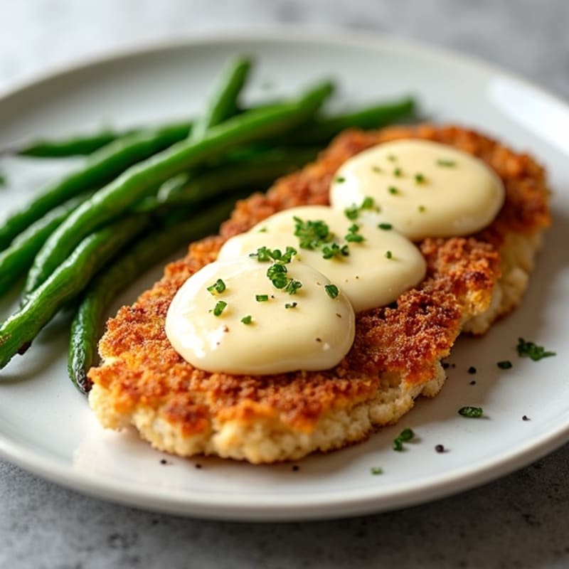 Crispy Chicken Cutlets with Melted Mozzarella and Roasted Green Beans