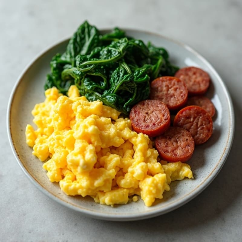 Fluffy Scrambled Eggs with Sautéed Spinach and Savory Turkey Sausage