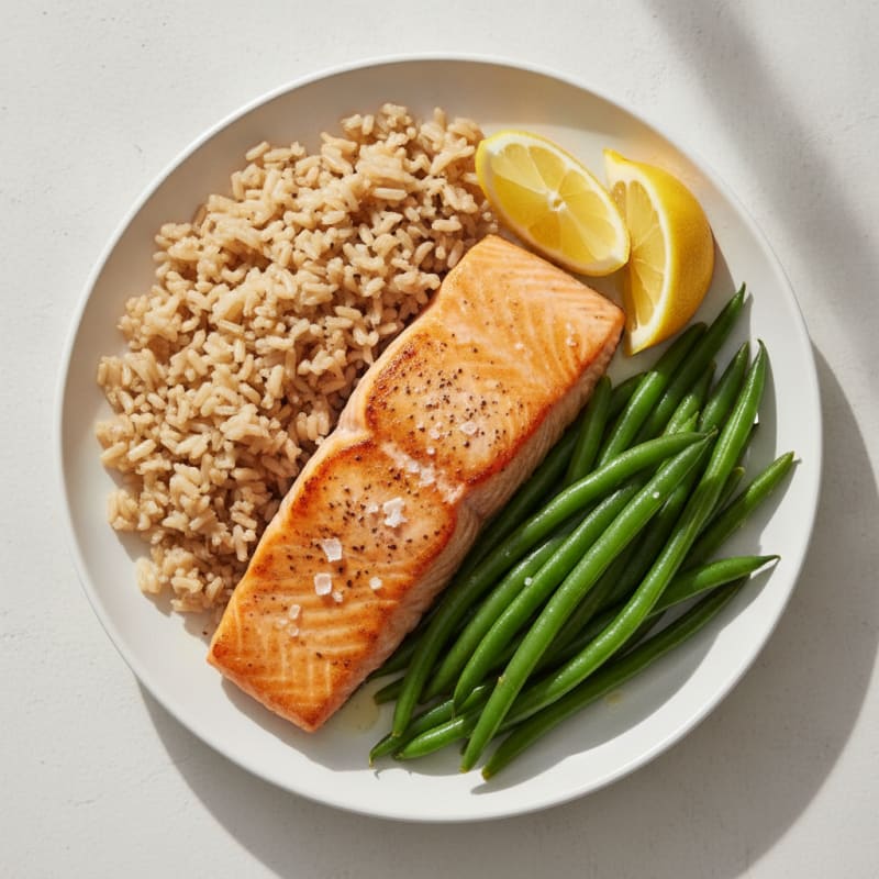 Seared Salmon Fillet with Steamed Green Beans and Brown Rice