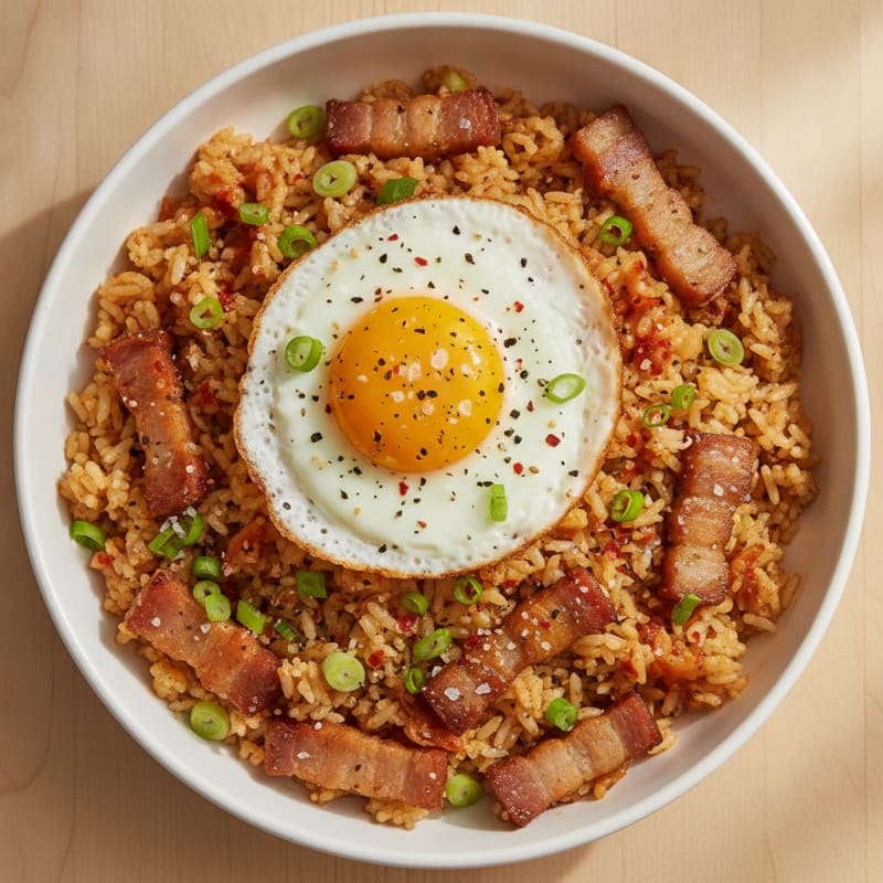Kimchi Fried Rice with Crispy Pork Belly