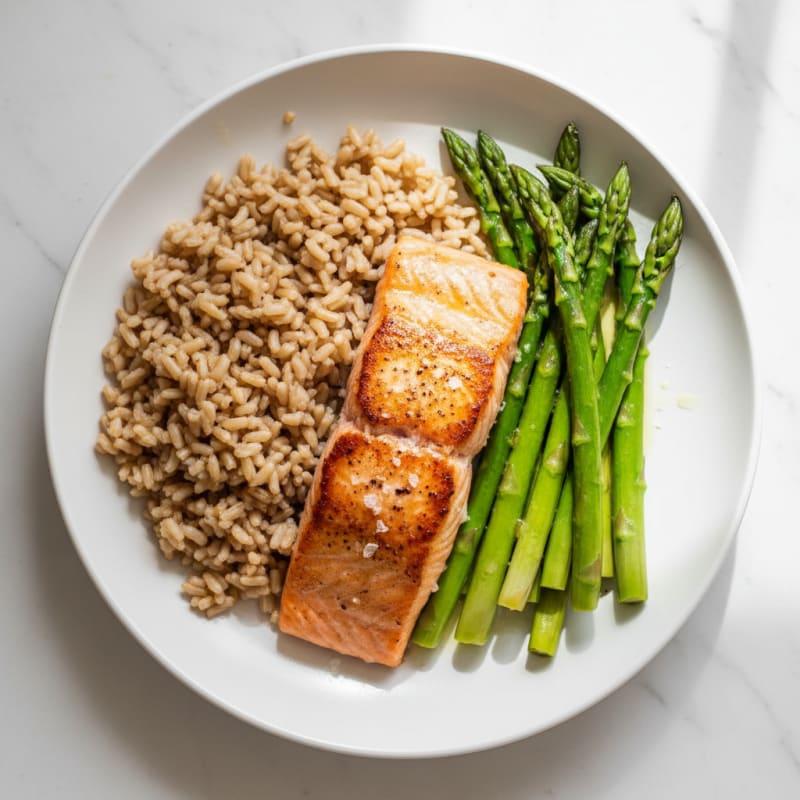 Seared Salmon with Steamed Asparagus and Brown Rice