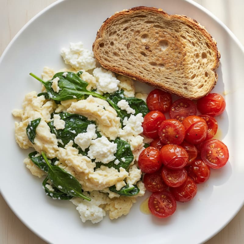 Egg White and Spinach Scramble with Cottage Cheese and Tomatoes