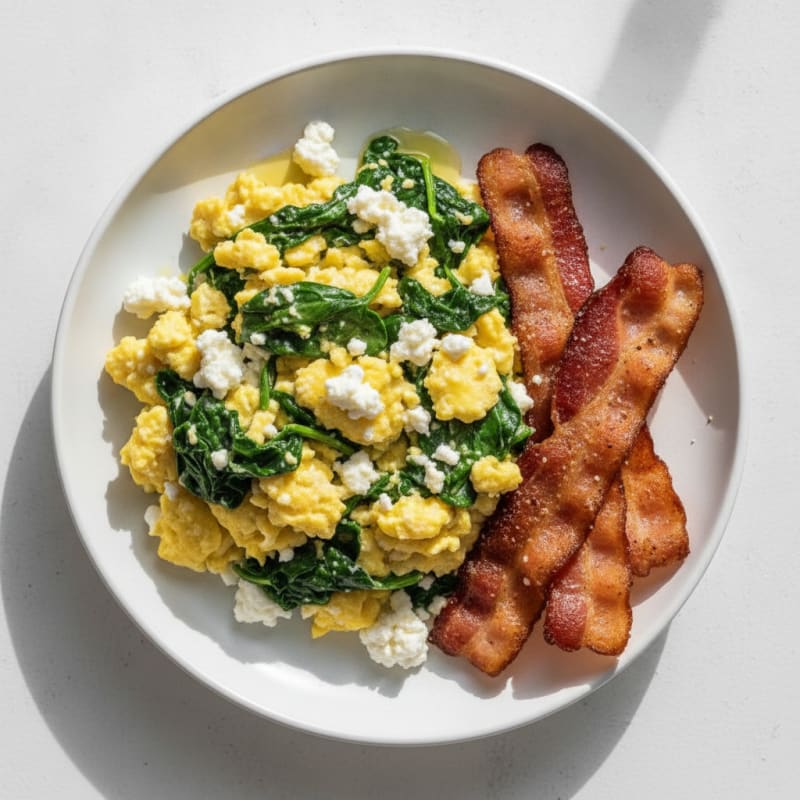 Cottage Cheese Egg Scramble with Spinach and Turkey Bacon