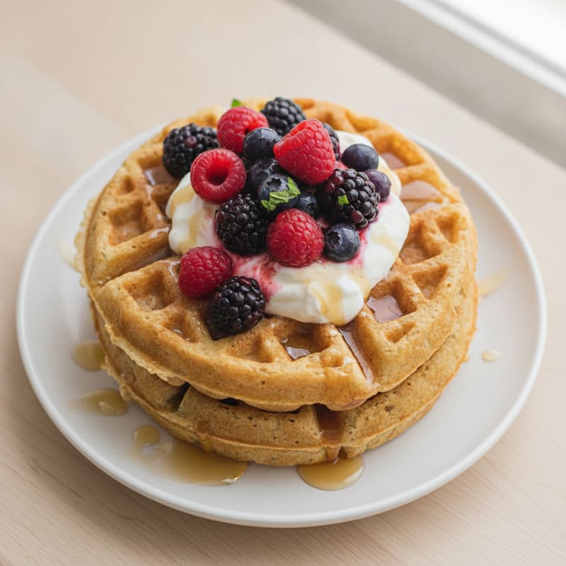 Crispy Egg White Waffles with Greek Yogurt and Mixed Berries