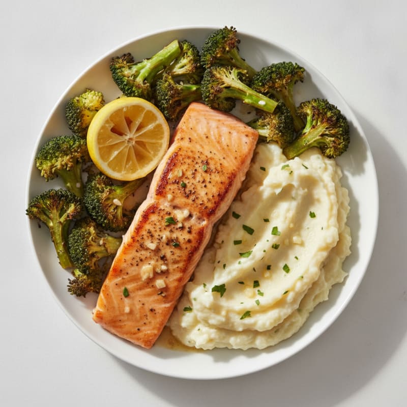 Seared Salmon with Roasted Broccoli and Garlic Mashed Cauliflower