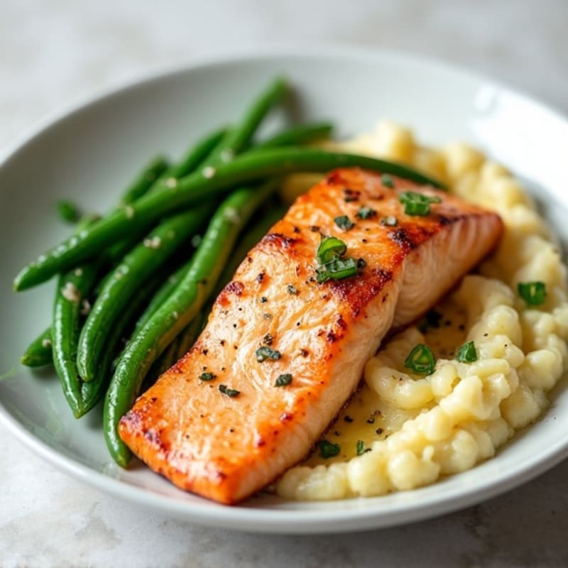 Seared Salmon with Garlic Green Beans and Cauliflower Mash