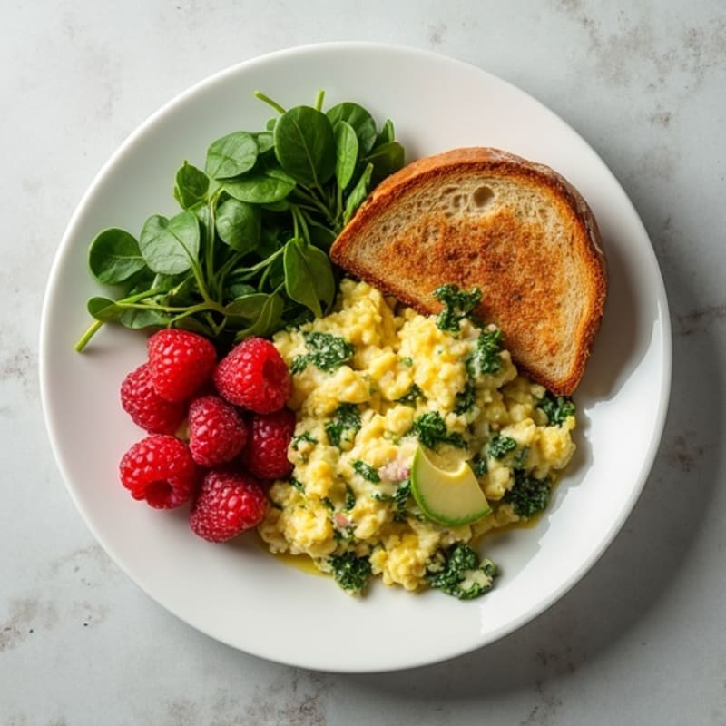 Egg White Spinach Scramble with Chicken Sausage and Fresh Berries