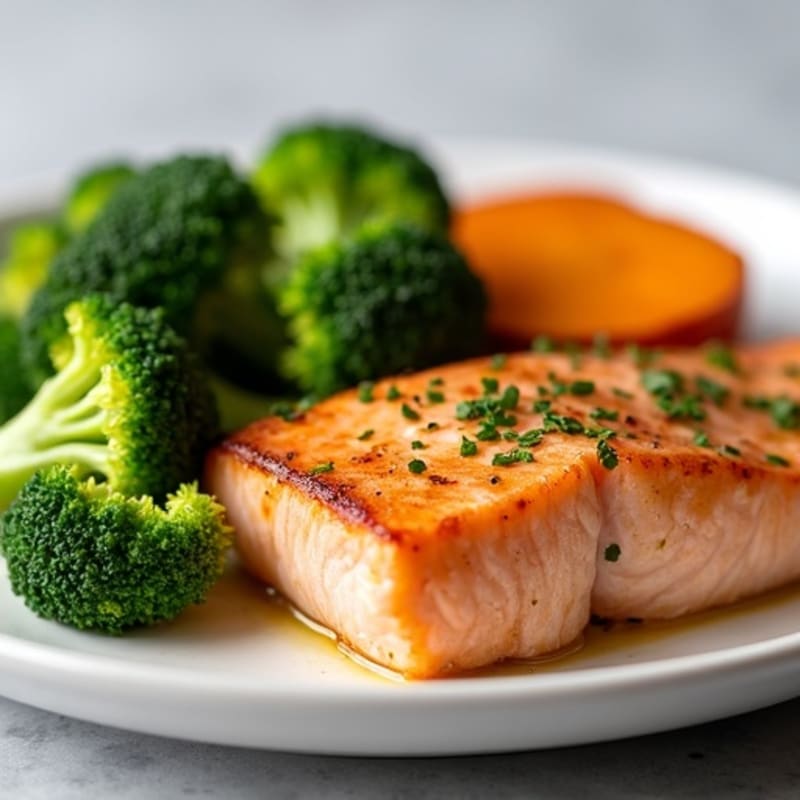 Seared Salmon with Roasted Broccoli and Sweet Potato