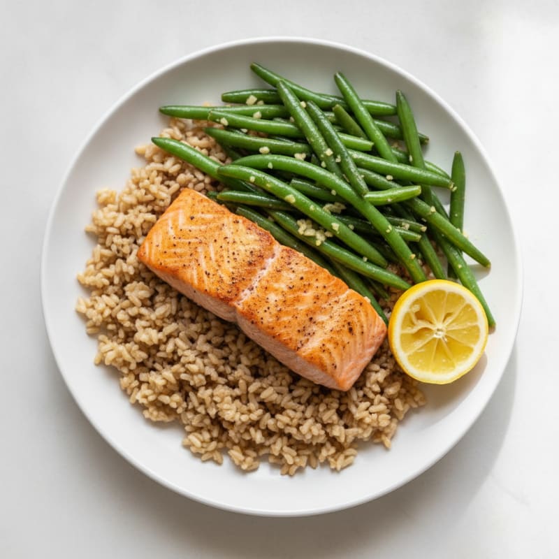 Seared Salmon Fillet with Garlic Green Beans and Brown Rice