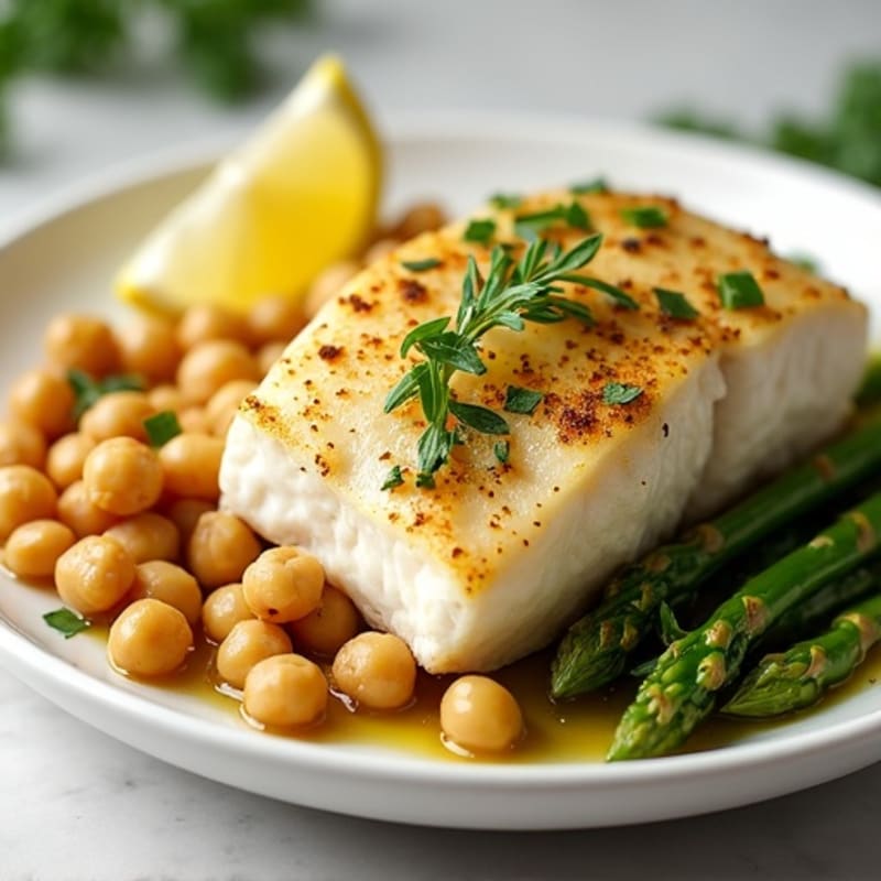 Baked Cod with Lemon-Garlic Asparagus and Chickpea Salad