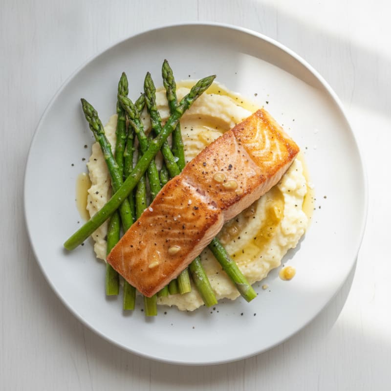 Seared Salmon with Roasted Asparagus and Garlic Mashed Cauliflower
