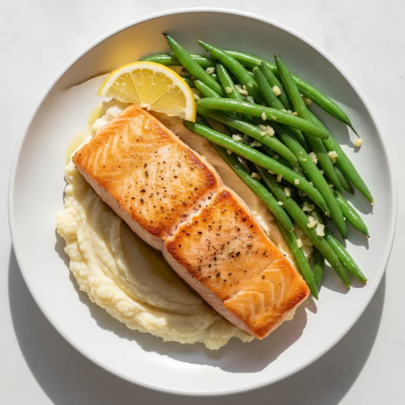 Seared Salmon Fillet with Garlic Green Beans and Cauliflower Mash