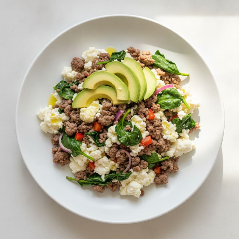 Egg White Scramble with Ground Beef and Spinach