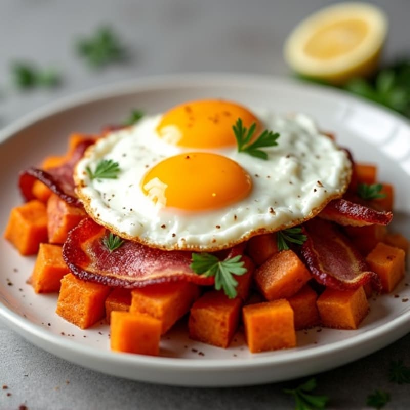 Sweet Potato Hash with Crispy Turkey Bacon and Sunny-Side Up Eggs
