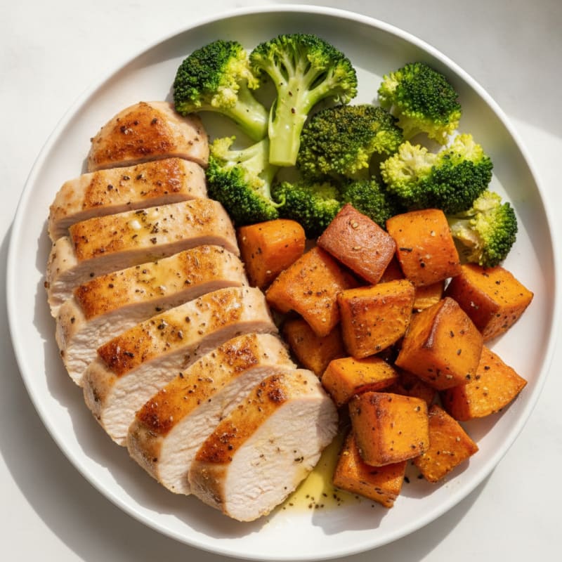 Seared Turkey Breast with Steamed Broccoli and Roasted Sweet Potatoes