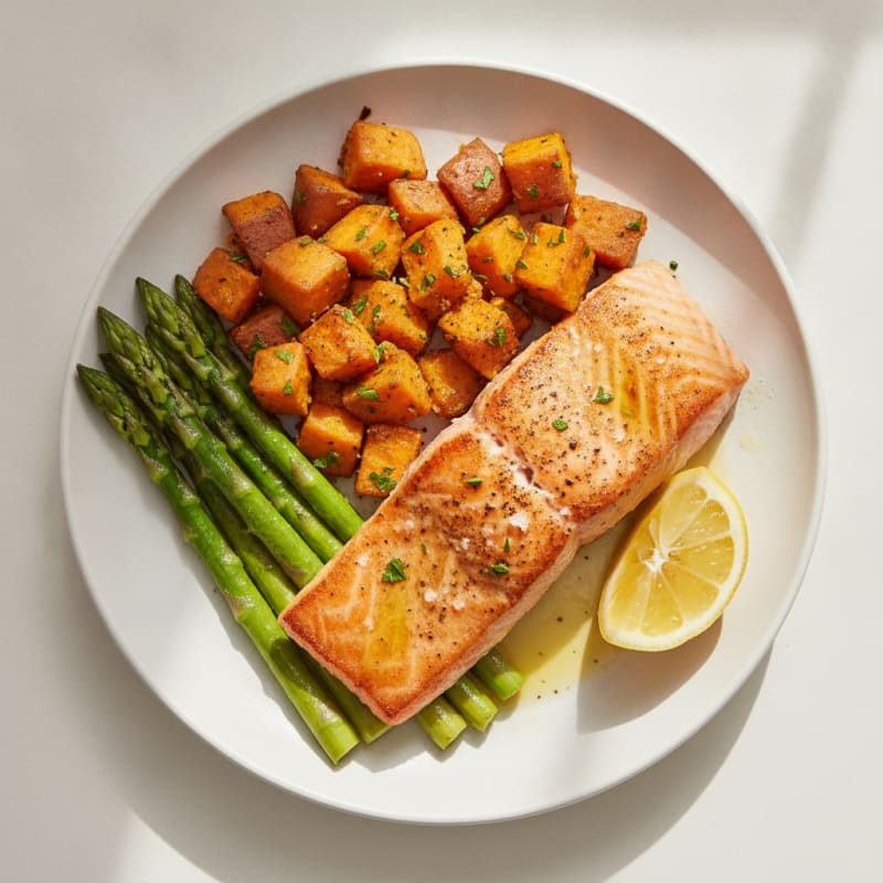 Seared Salmon with Roasted Sweet Potatoes and Asparagus