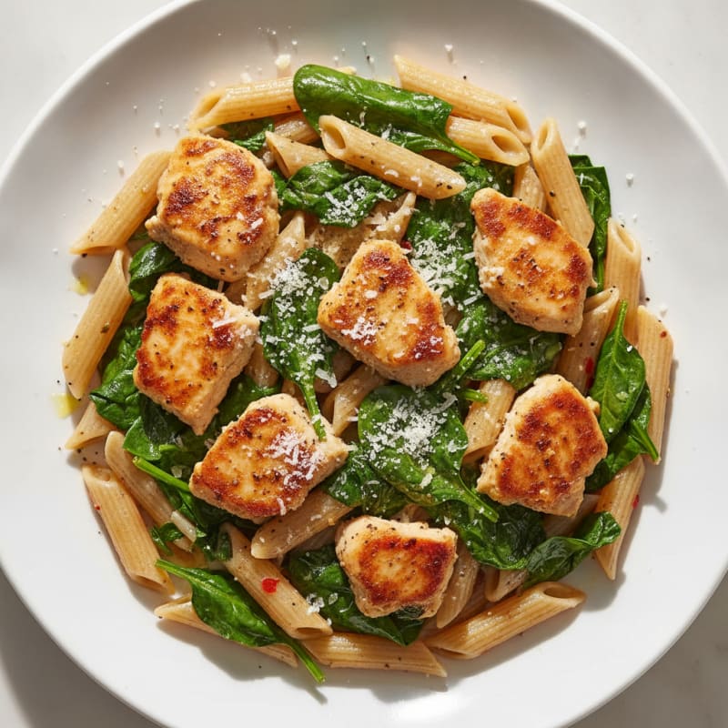 Garlic Chicken Penne with Sautéed Spinach