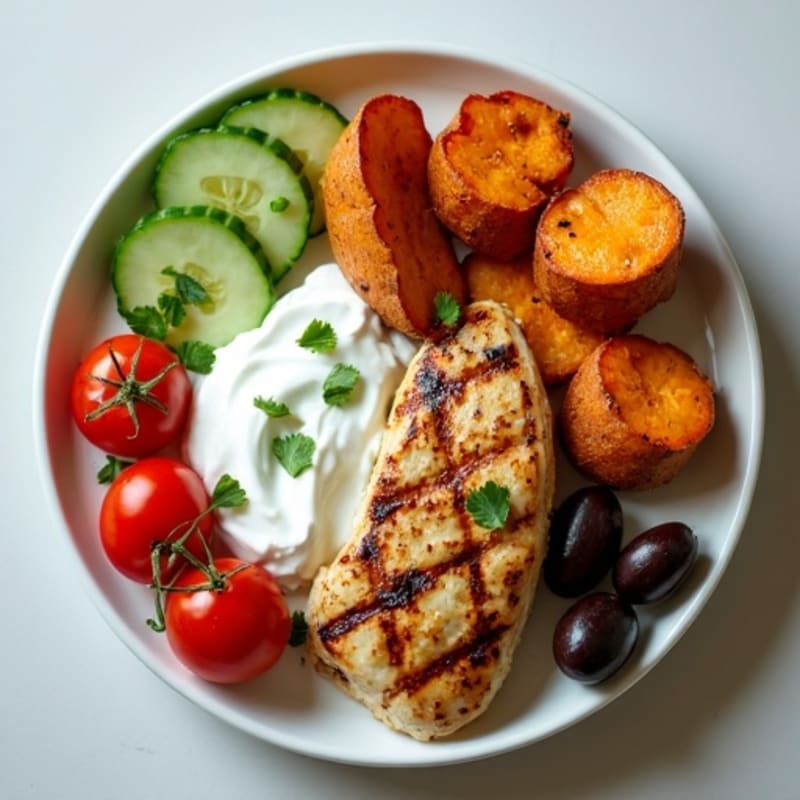 Savory Greek Yoghurt Plate with Grilled Chicken and Roasted Sweet Potatoes