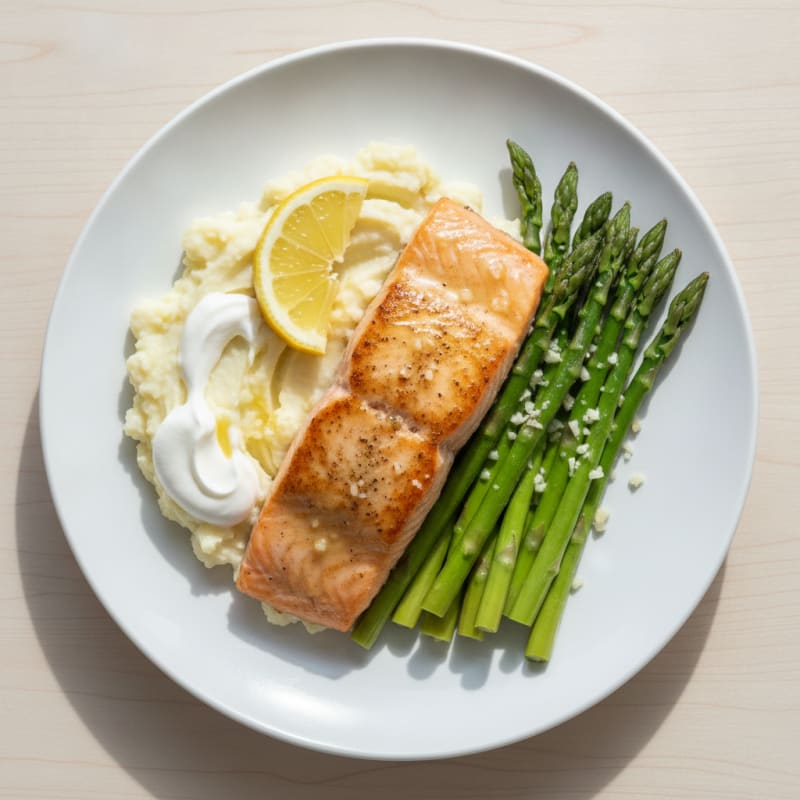 Seared Salmon with Steamed Asparagus and Garlic Mashed Cauliflower
