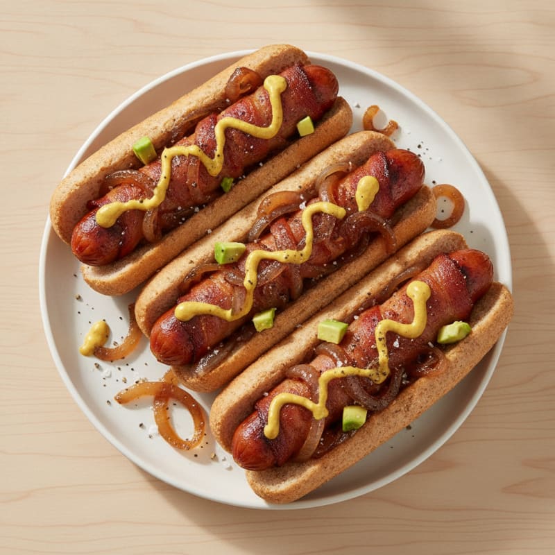 Bacon-Wrapped Hot Dogs with Caramelized Onions