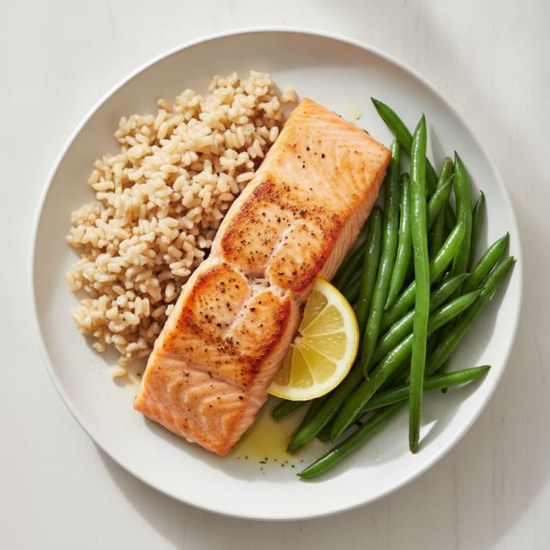 Seared Salmon Fillet with Steamed Green Beans and Brown Rice