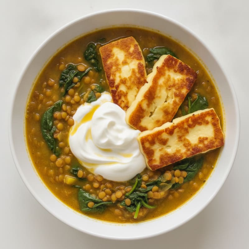 Creamy Lentil and Spinach Stew with Grilled Halloumi