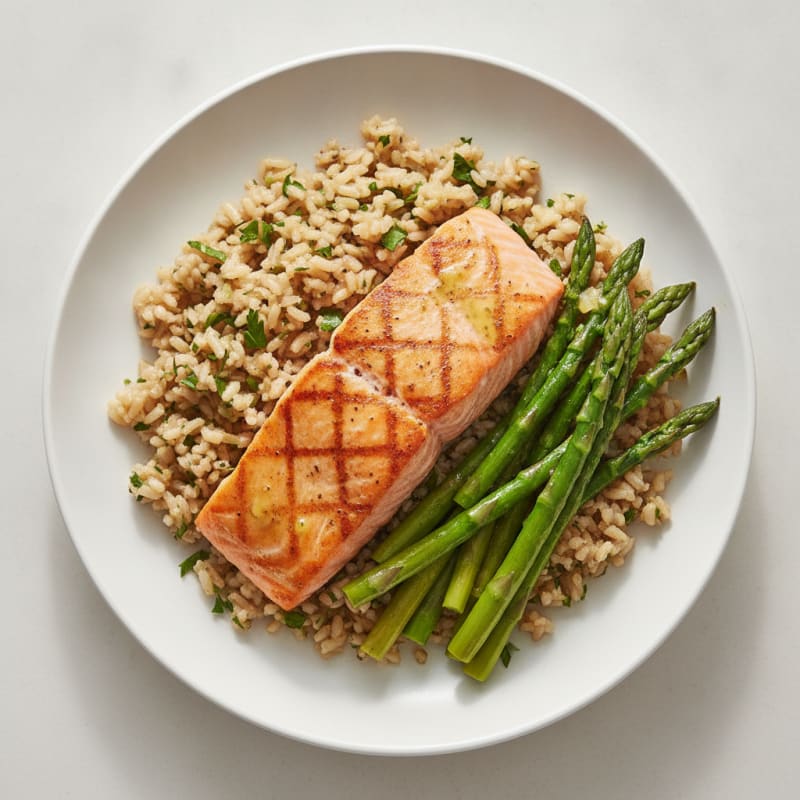 Seared Salmon Fillet with Steamed Asparagus and Herbed Brown Rice