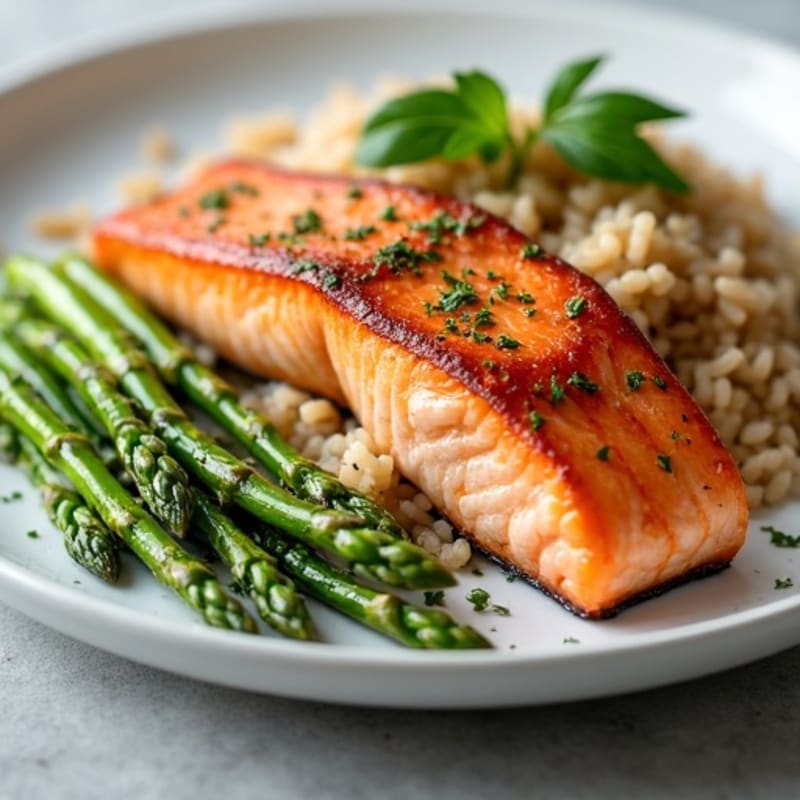 Seared Salmon with Steamed Asparagus and Brown Rice