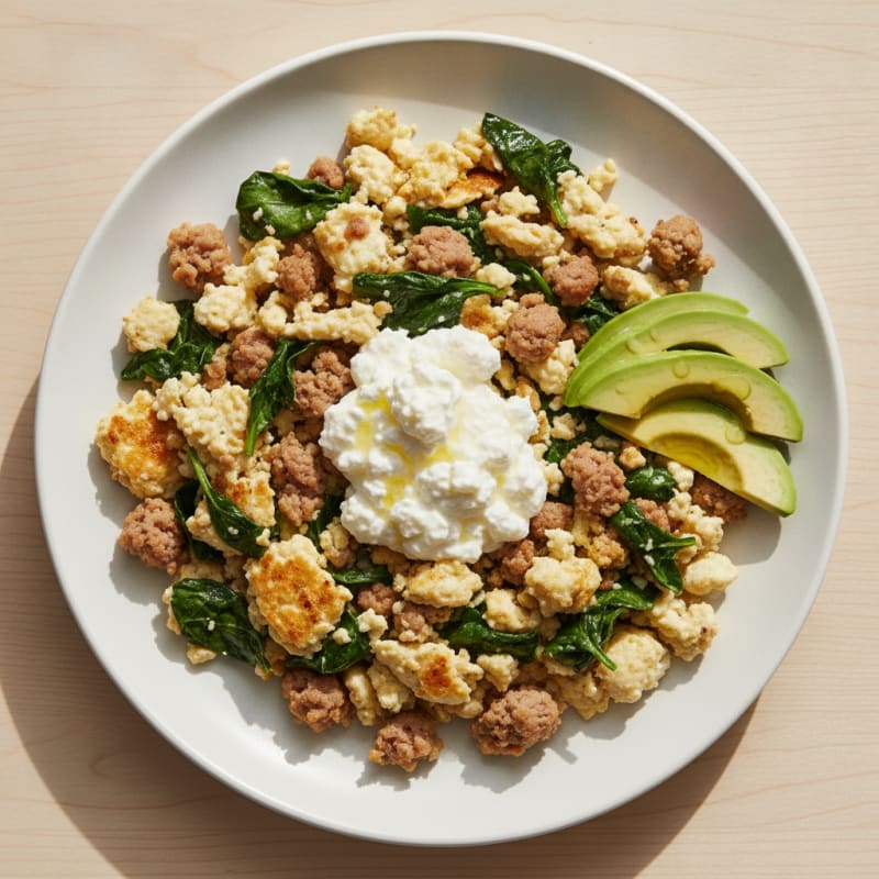 Egg White and Turkey Sausage Scramble with Spinach and Cottage Cheese