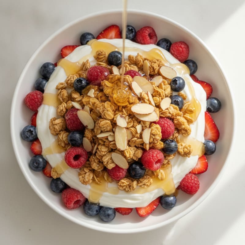 Creamy Greek Yogurt Parfait with Mixed Berries and Almond Granola