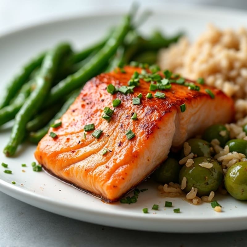 Seared Salmon with Garlic Green Beans and Steamed Brown Rice